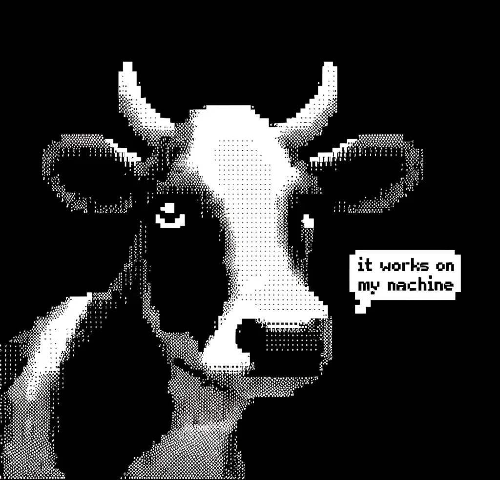 Cow saying it works on my machine pixel art